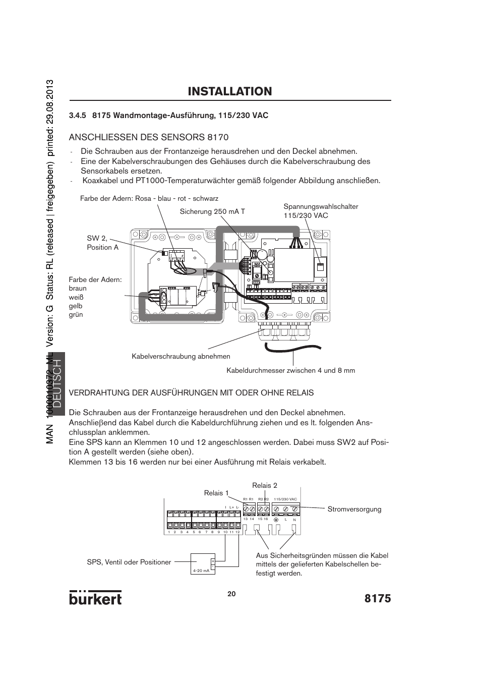 8175 installation, De ut sch, Anschliessen des sensors 8170 | Burkert Type 8175 User Manual | Page 20 / 204