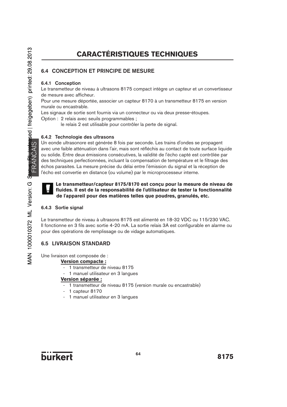 8175 caractéristiques techniques, Francais | Burkert Type 8175 User Manual | Page 200 / 204