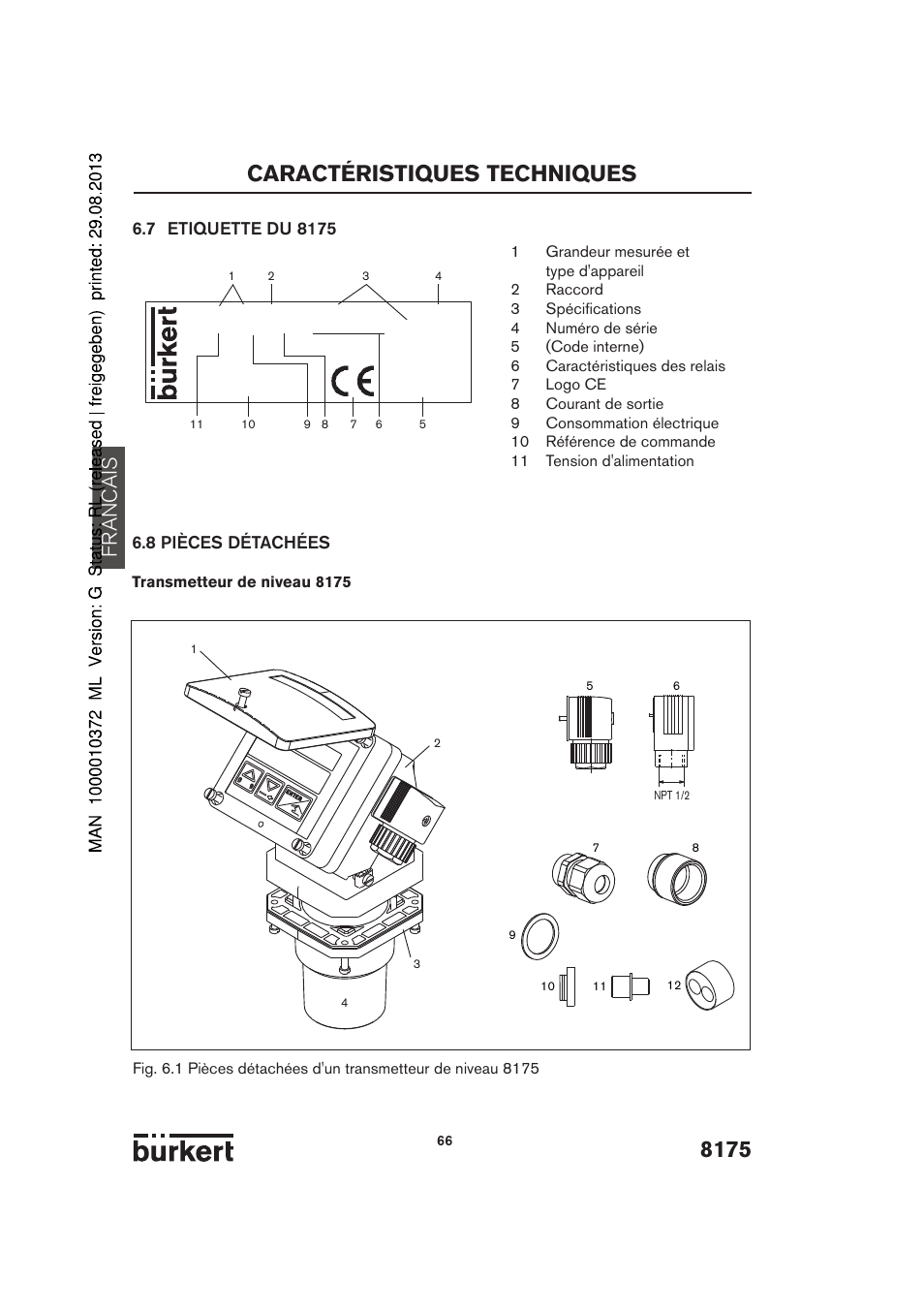 8175 caractéristiques techniques, Francais, 8 pièces détachées | Burkert Type 8175 User Manual | Page 202 / 204