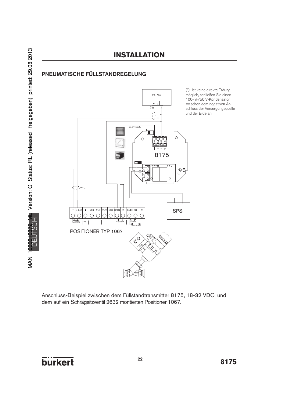 8175 installation, De ut sch, Positioner typ 1067 | Burkert Type 8175 User Manual | Page 22 / 204
