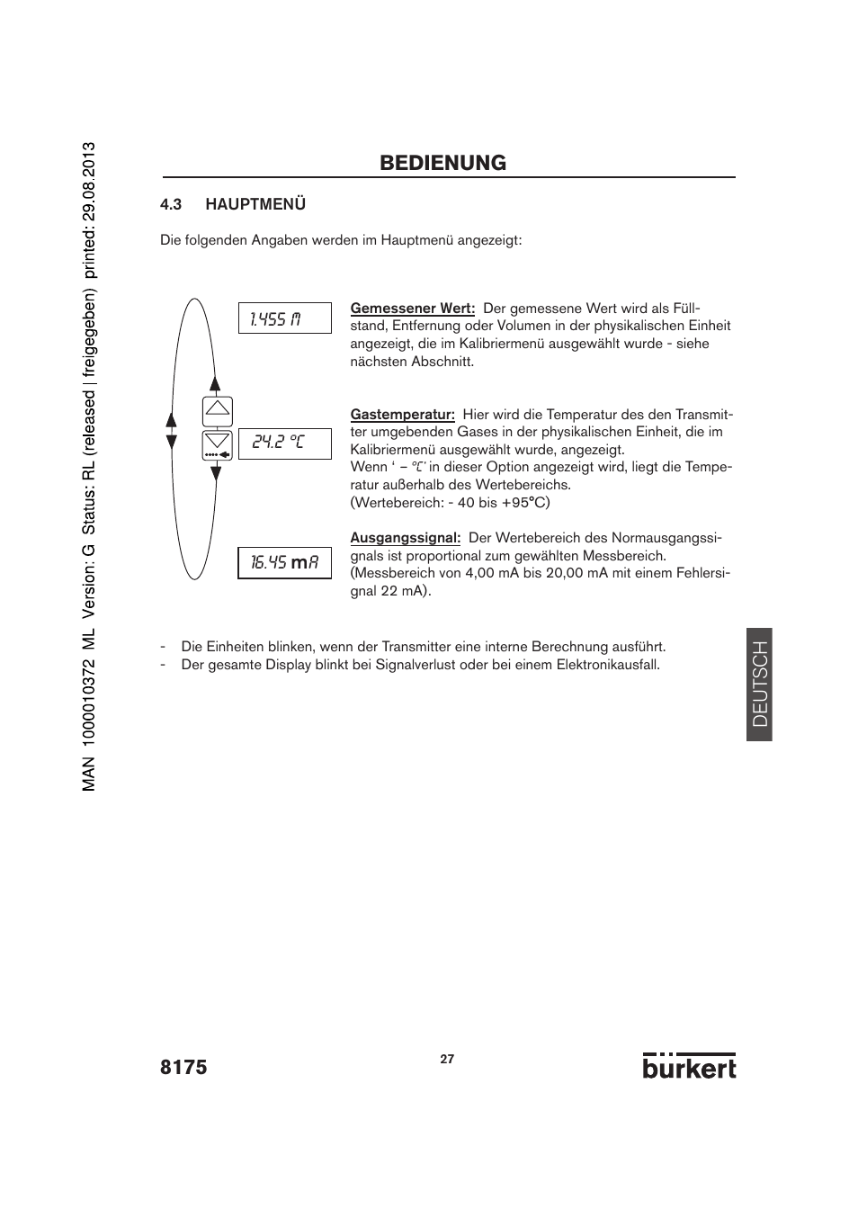Bedienung, De ut sch | Burkert Type 8175 User Manual | Page 27 / 204