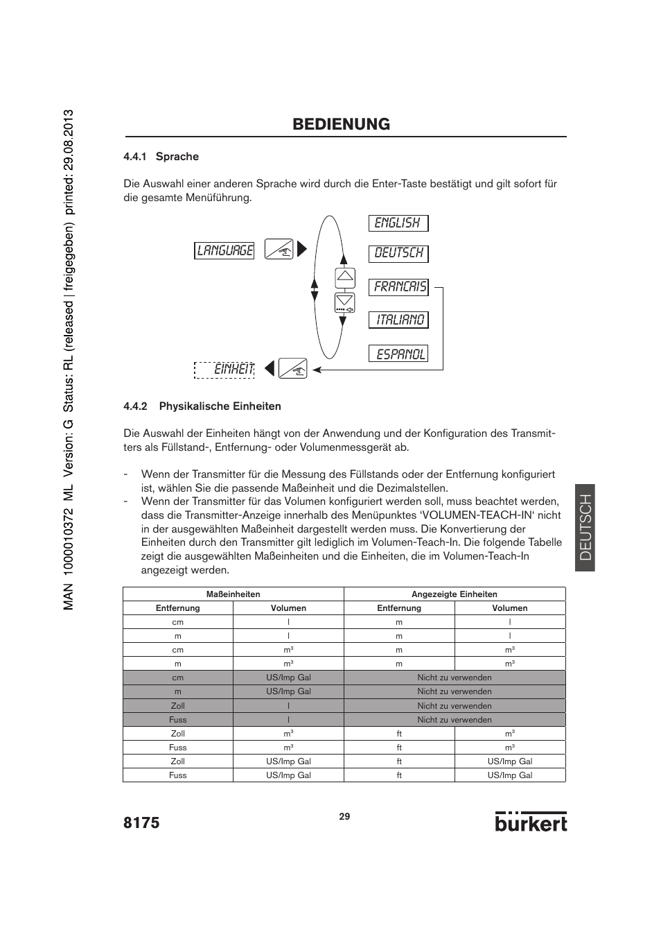 Bedienung, De ut sch | Burkert Type 8175 User Manual | Page 29 / 204