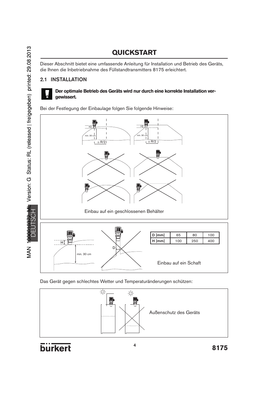 8175 quickstart, De ut sch, 1 installation | Burkert Type 8175 User Manual | Page 4 / 204