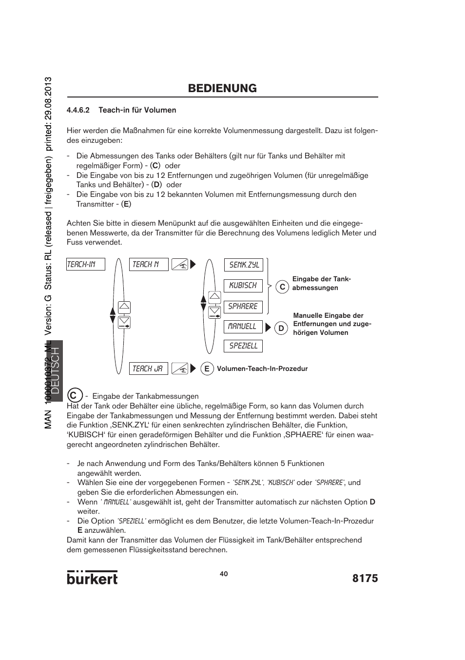 8175 bedienung, De ut sch | Burkert Type 8175 User Manual | Page 40 / 204