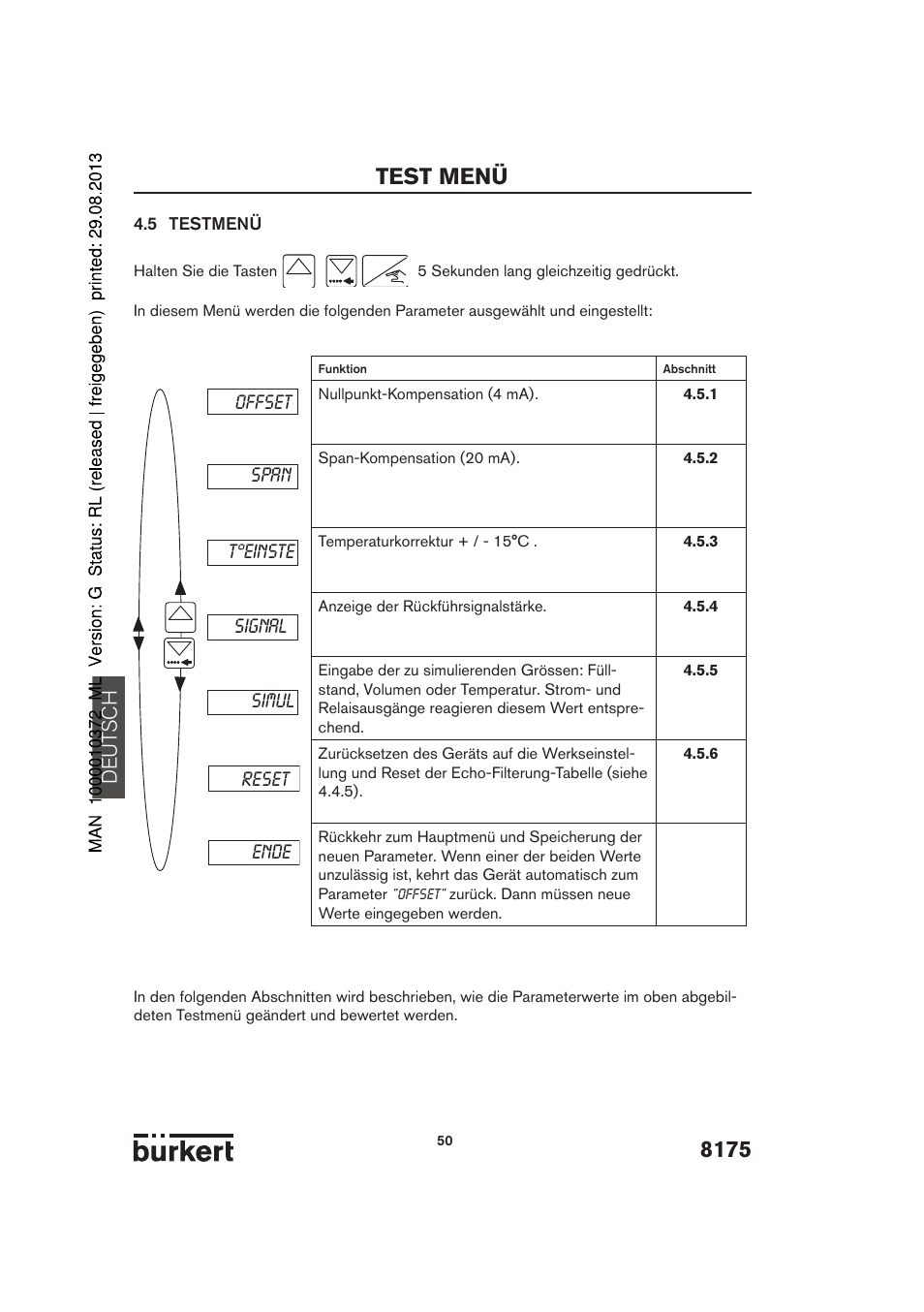 8175 test menü, De ut sch, Offset span t°einste ende simul reset signal | Burkert Type 8175 User Manual | Page 50 / 204
