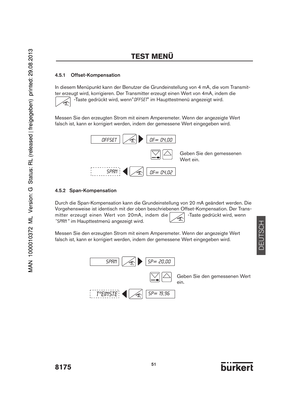 Test menü, De ut sch, T°einste | Burkert Type 8175 User Manual | Page 51 / 204