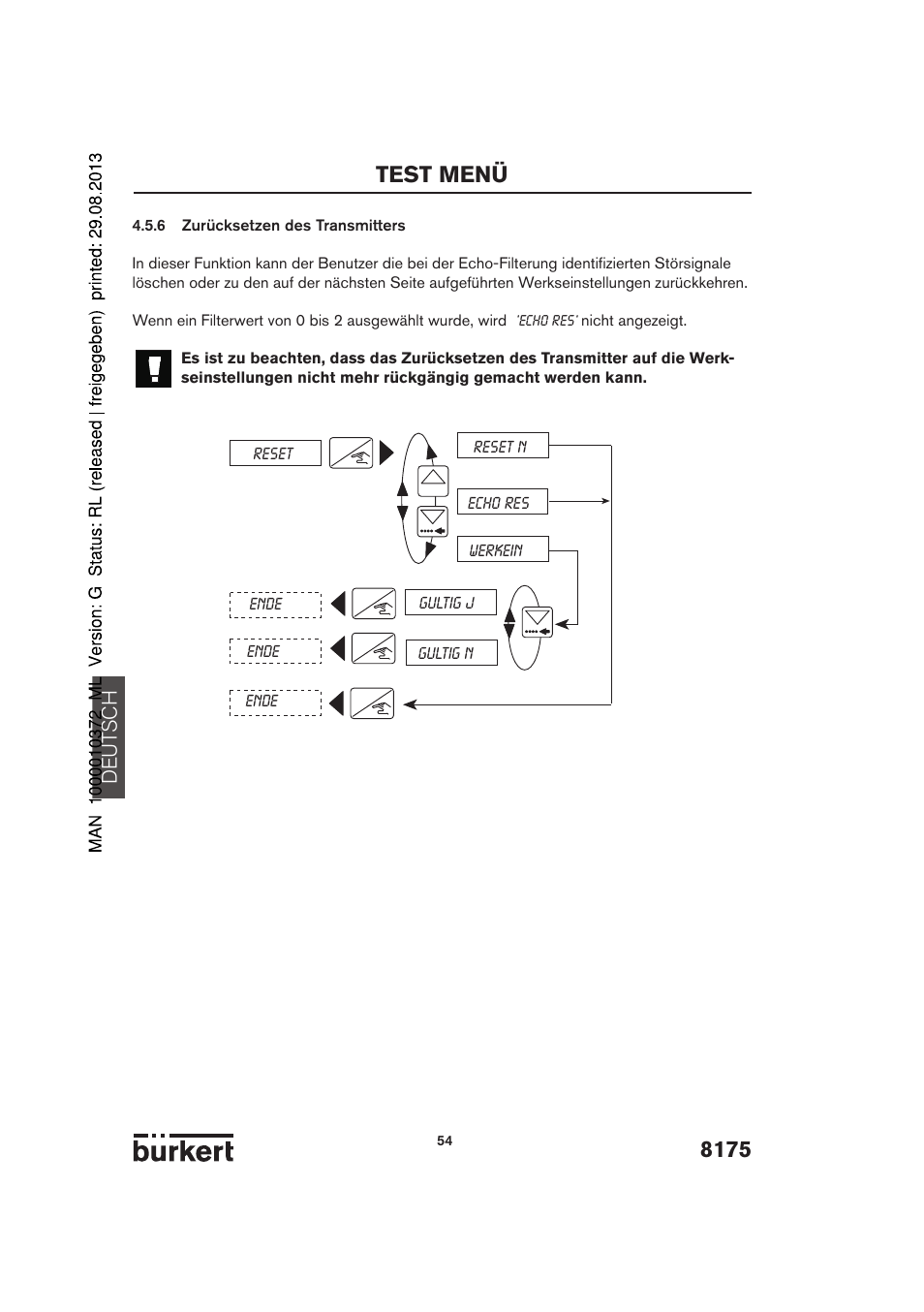 8175 test menü, De ut sch | Burkert Type 8175 User Manual | Page 54 / 204