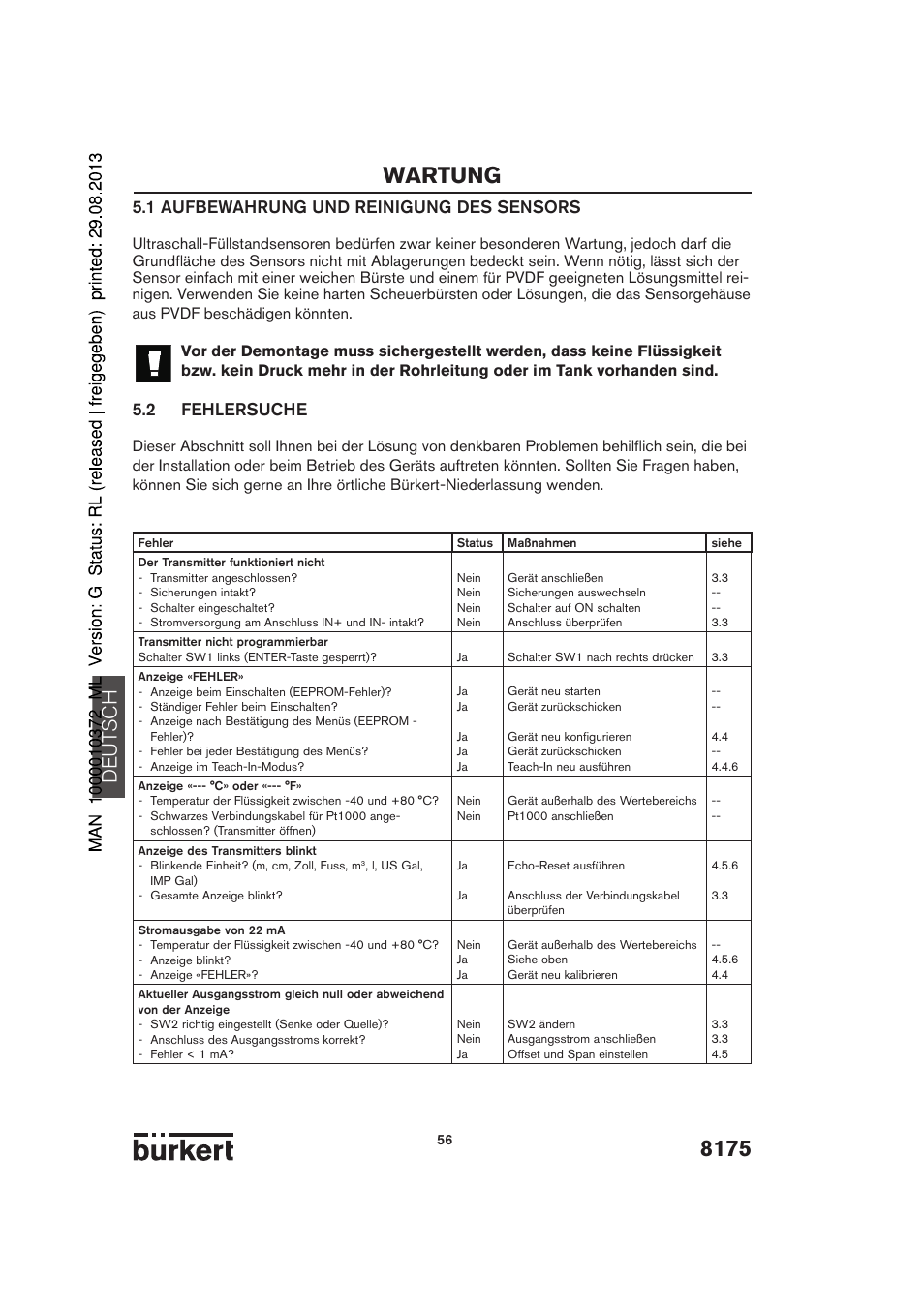 8175 wartung, De ut sch, 1 aufbewahrung und reinigung des sensors | 2 fehlersuche | Burkert Type 8175 User Manual | Page 56 / 204