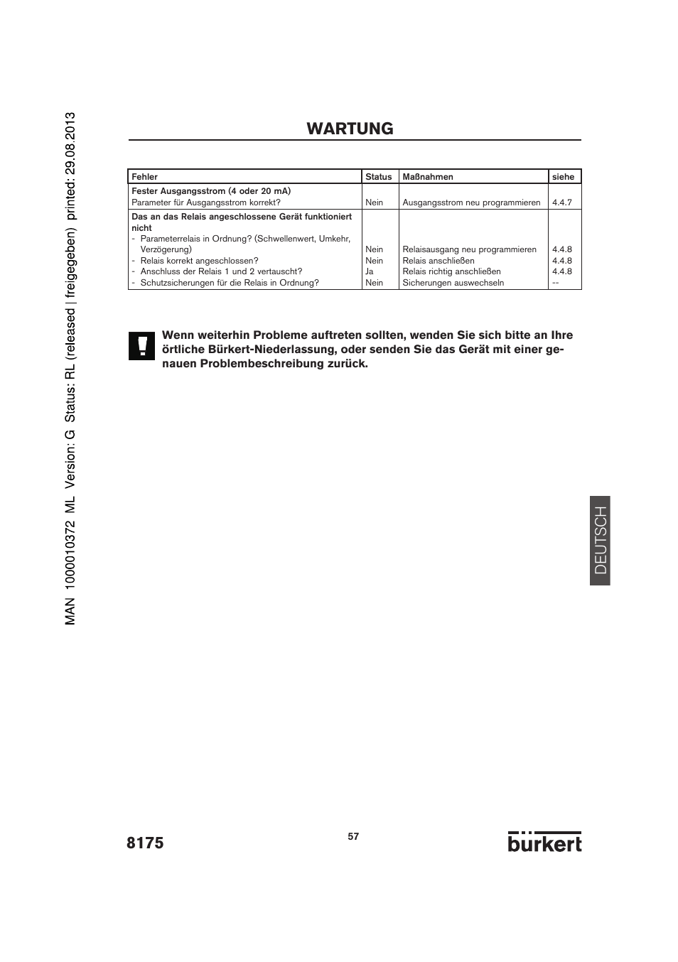 Wartung, De ut sch | Burkert Type 8175 User Manual | Page 57 / 204