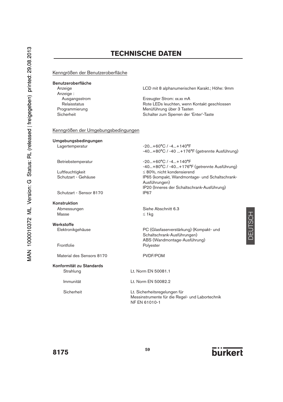 Technische daten, De ut sch | Burkert Type 8175 User Manual | Page 59 / 204
