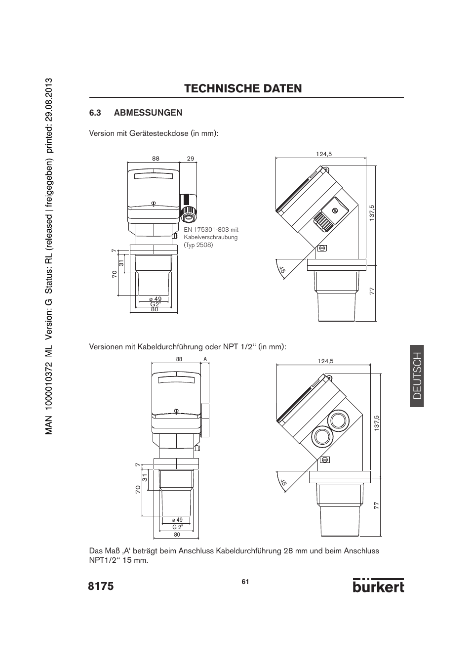 Technische daten, De ut sch, 3 abmessungen | Burkert Type 8175 User Manual | Page 61 / 204
