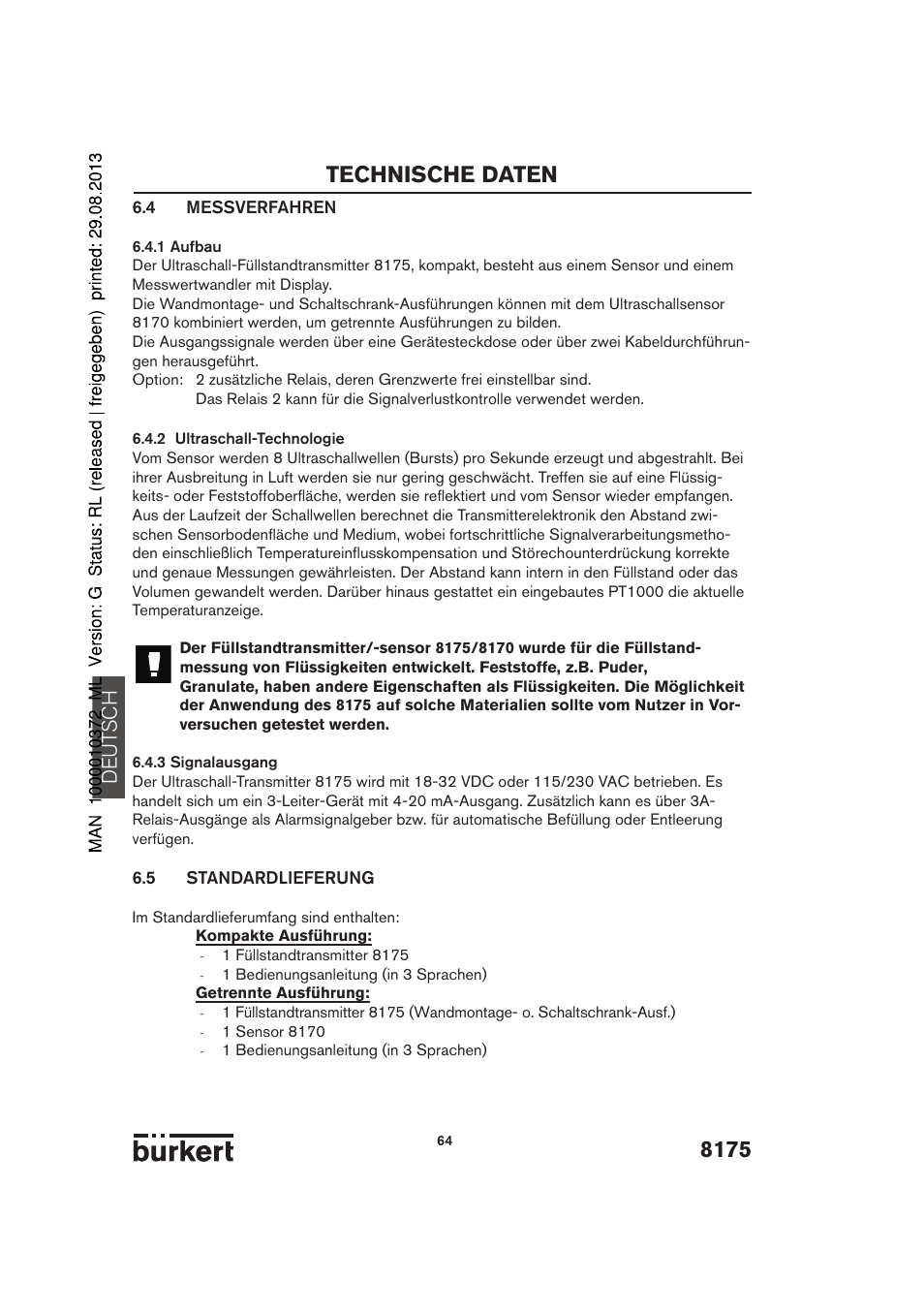 8175 technische daten, De ut sch | Burkert Type 8175 User Manual | Page 64 / 204