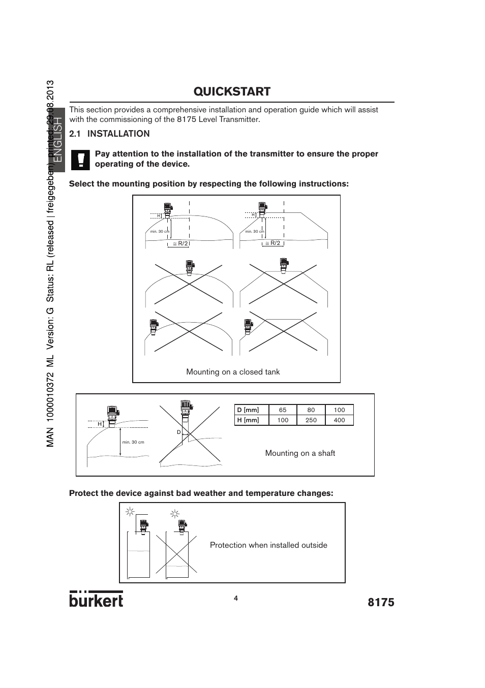 Quickstart, English, 1 installation | Burkert Type 8175 User Manual | Page 72 / 204