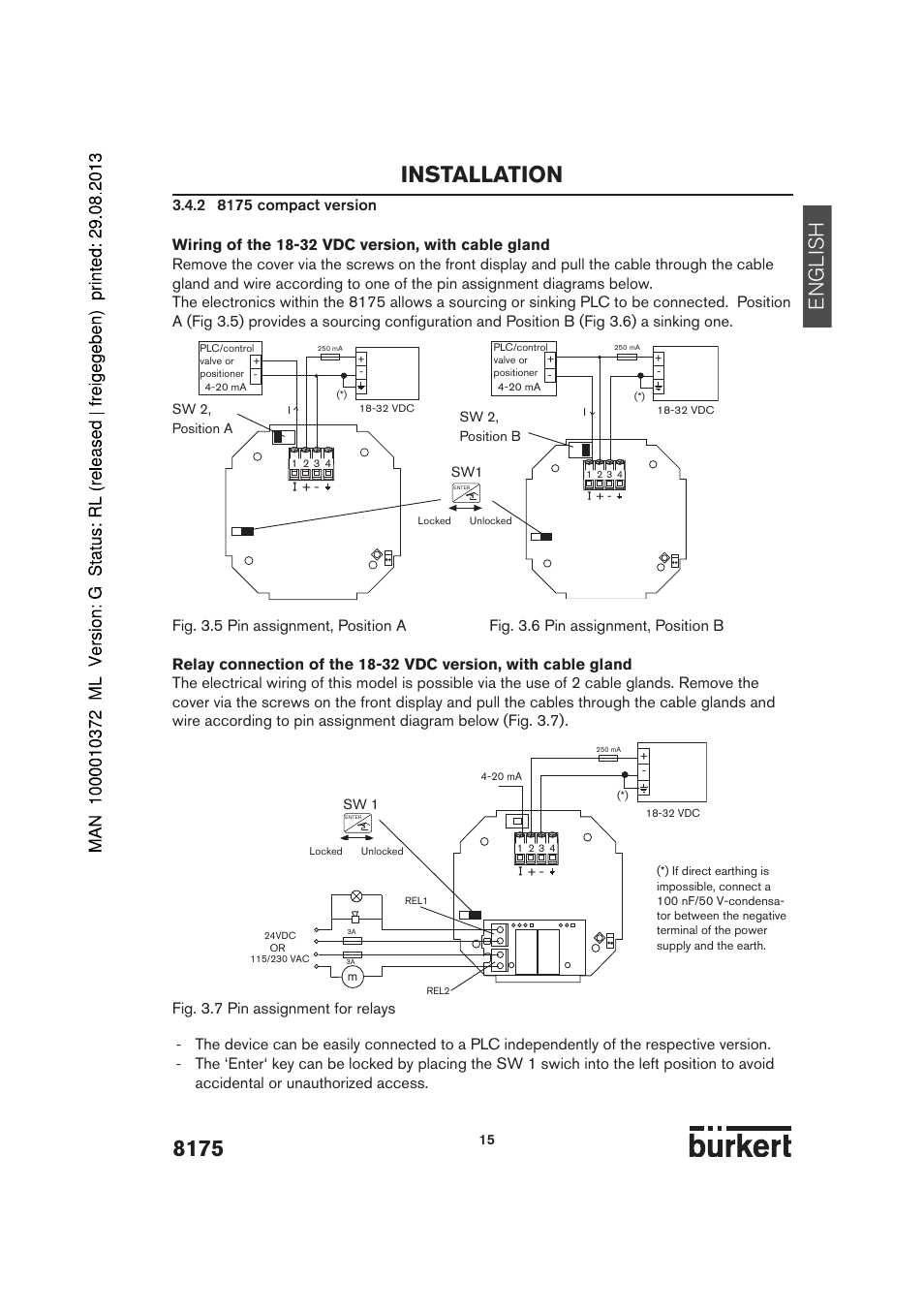 Installation, English, Fig. 3.7 pin assignment for relays | Burkert Type 8175 User Manual | Page 83 / 204