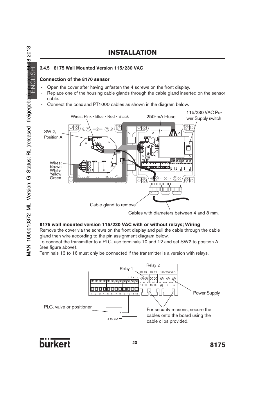 Installation, English, Cable gland to remove | Power supply | Burkert Type 8175 User Manual | Page 88 / 204