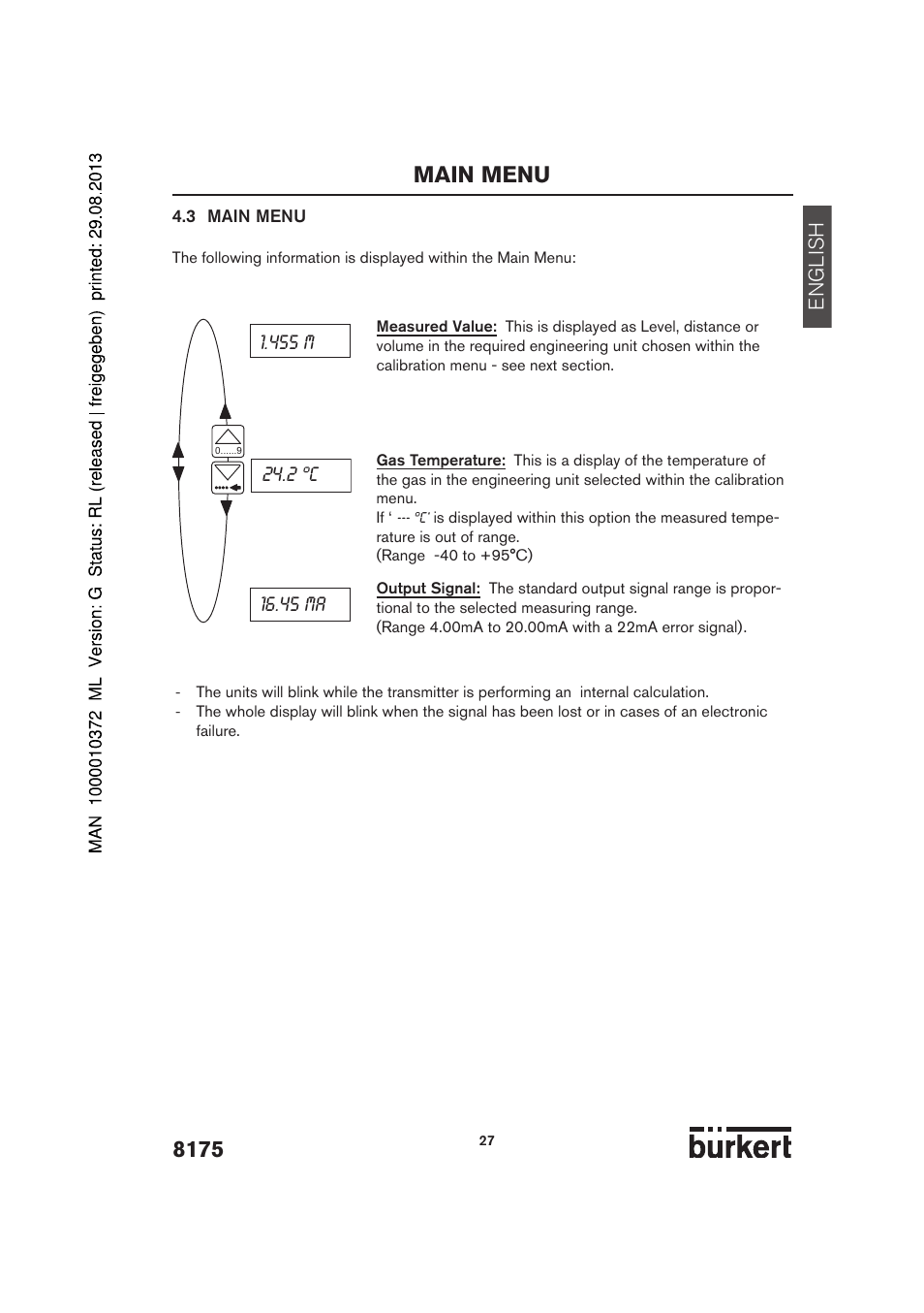 Main menu, English | Burkert Type 8175 User Manual | Page 95 / 204