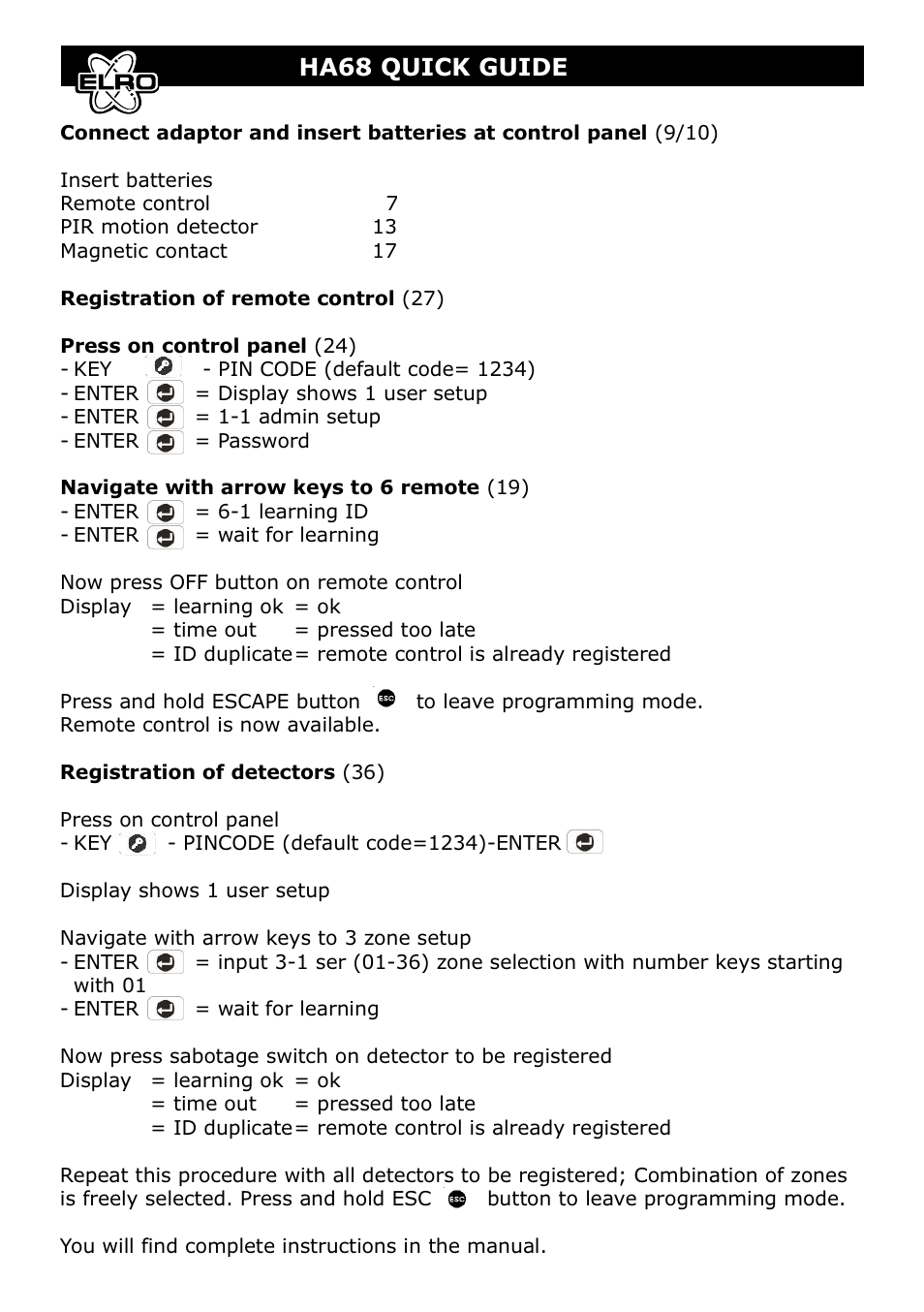 ELRO HA68S Multi-zone professional alarm system QUICK GUIDE User Manual | 1 page