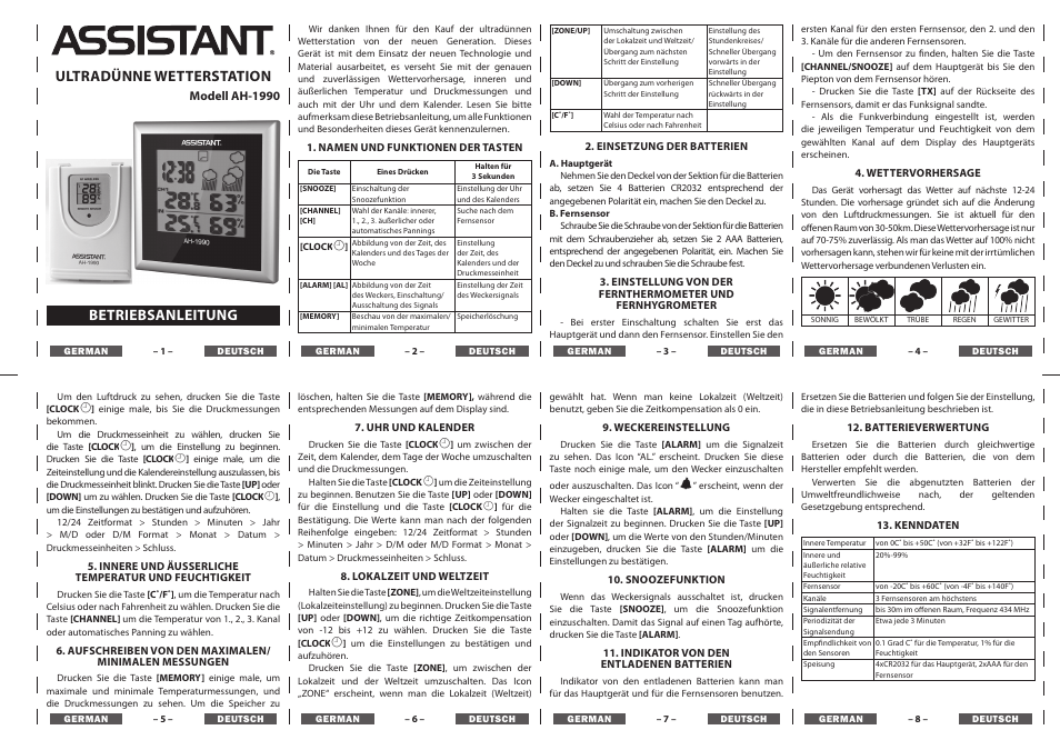 Ultradünne wetterstation, Betriebsanleitung | ASSISTANT AH-1990 User Manual | Page 2 / 4