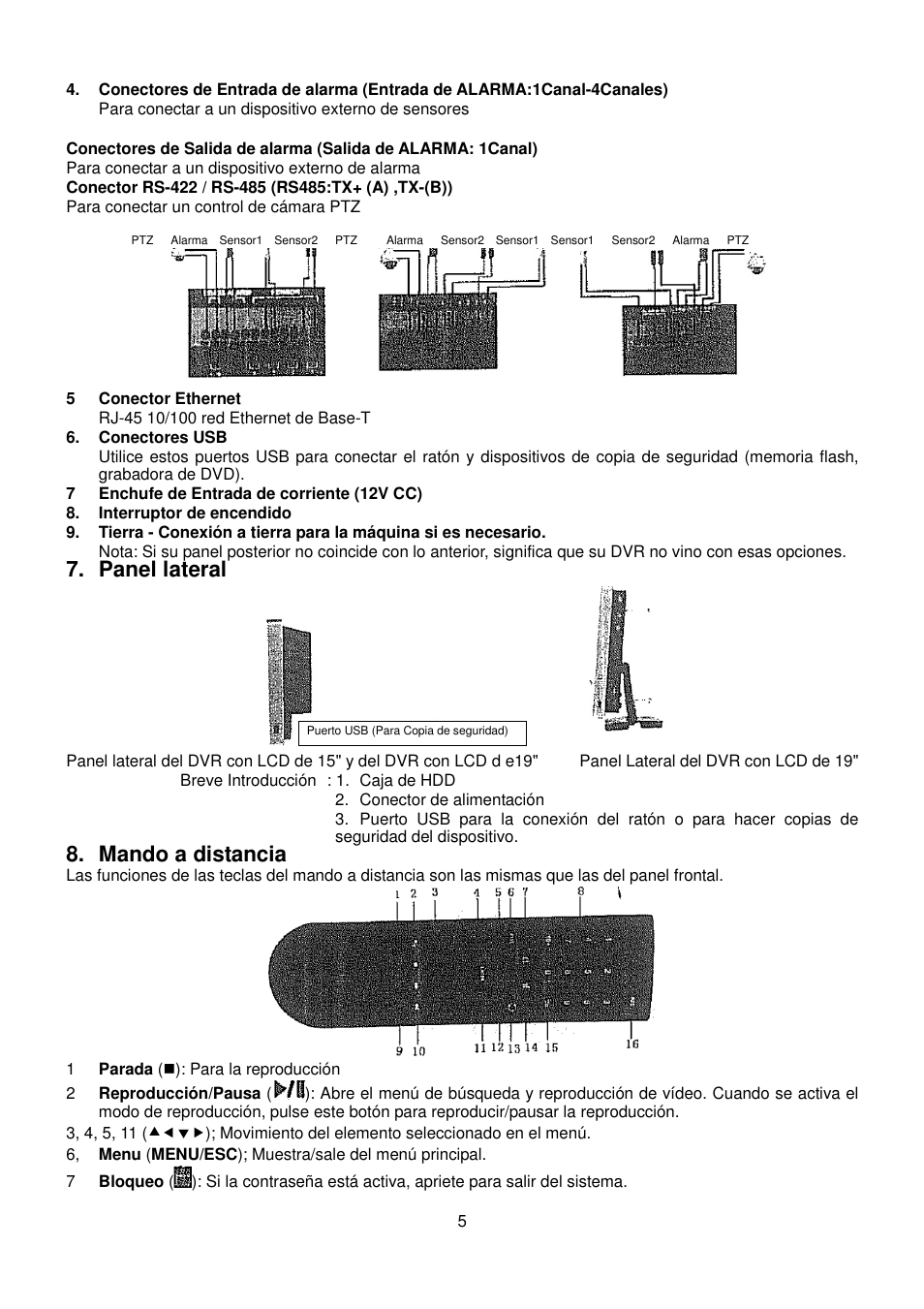 Panel lateral, Mando a distancia | ELRO DVR151S Camera security DVR-system QUICK GUIDE User Manual | Page 6 / 13