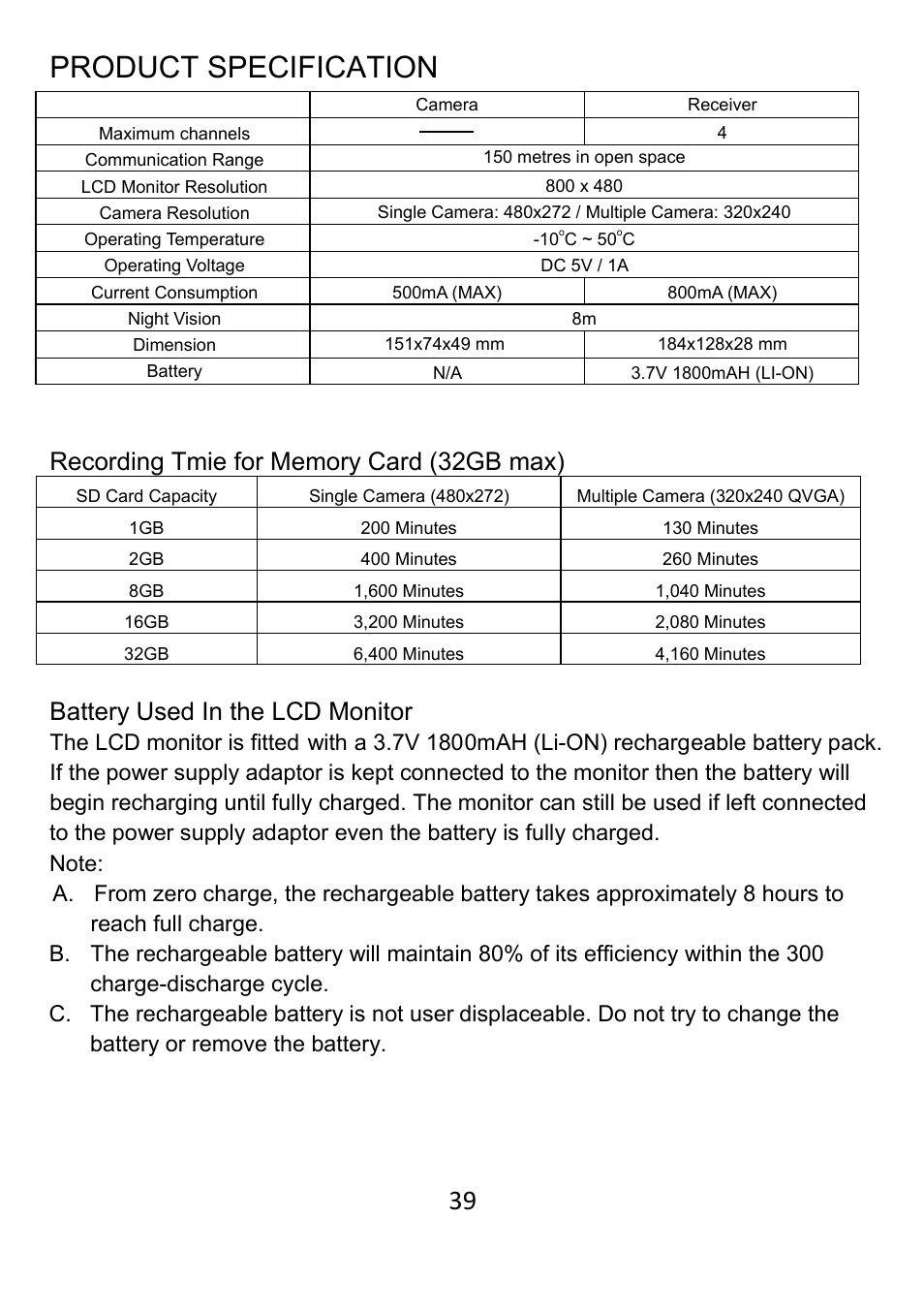 Product specification, Battery used in the lcd monitor | ELRO DWH SERIES VIDEO SECURITY SYSTEM User Manual | Page 39 / 39