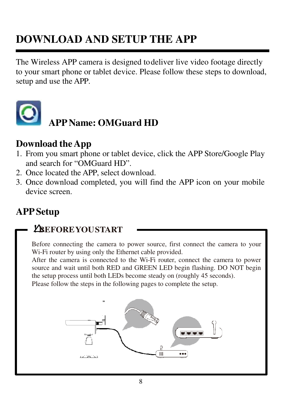 Download and setup the app, App name: omguard hd download the app, App setup | ELRO C935IP Plug & play network camera HD USERS MANUAL User Manual | Page 10 / 33