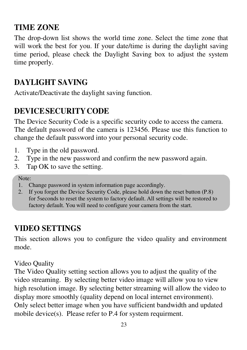 Time zone, Daylight saving, Device security code | Video settings | ELRO C935IP Plug & play network camera HD USERS MANUAL User Manual | Page 25 / 33