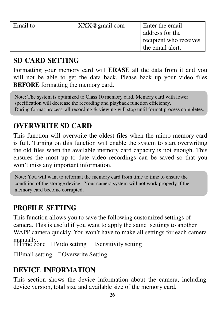 Sd card setting, Overwrite sd card, Profile setting | Device information | ELRO C935IP Plug & play network camera HD USERS MANUAL User Manual | Page 28 / 33