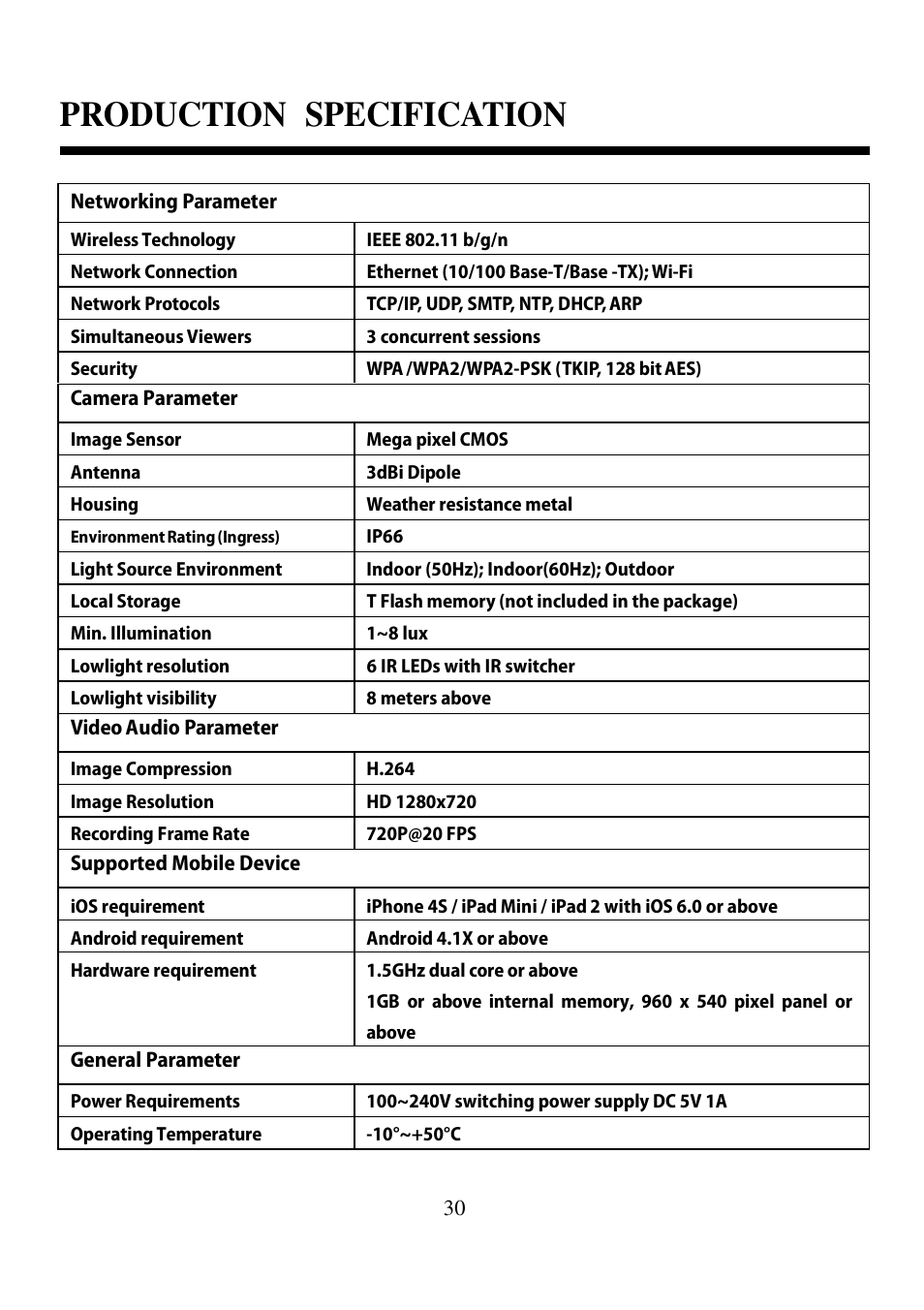 Production specification | ELRO C935IP Plug & play network camera HD USERS MANUAL User Manual | Page 32 / 33