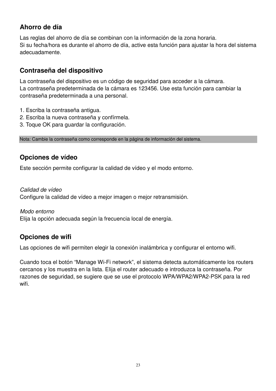 Ahorro de día, Contraseña del dispositivo, Opciones de vídeo | Opciones de wifi | ELRO C905IP Plug & play network camera USERS MANUAL User Manual | Page 24 / 32