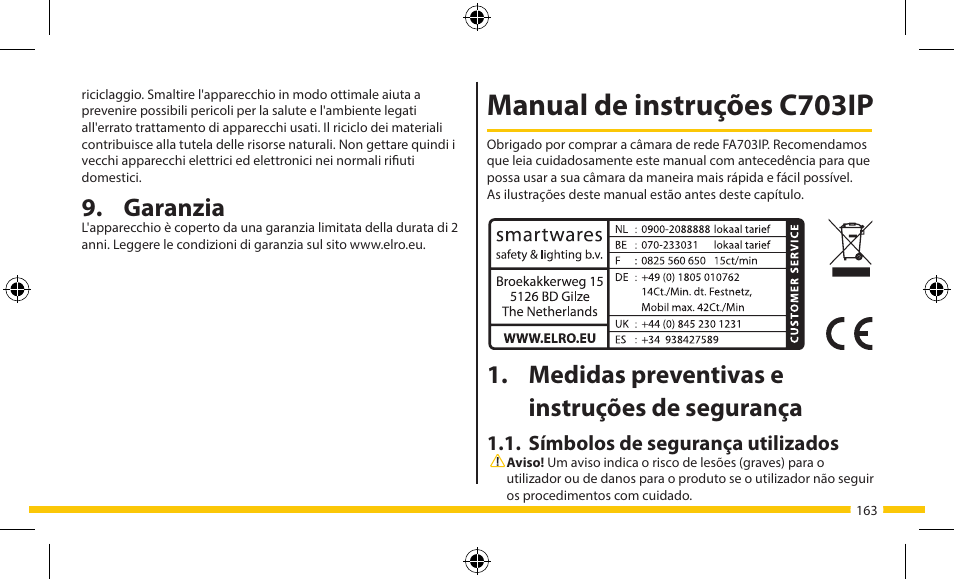 Manual de instruções c703ip, Medidas preventivas e instruções de segurança, Garanzia | ELRO FA703IP Plug & play wifi network camera User Manual | Page 163 / 176