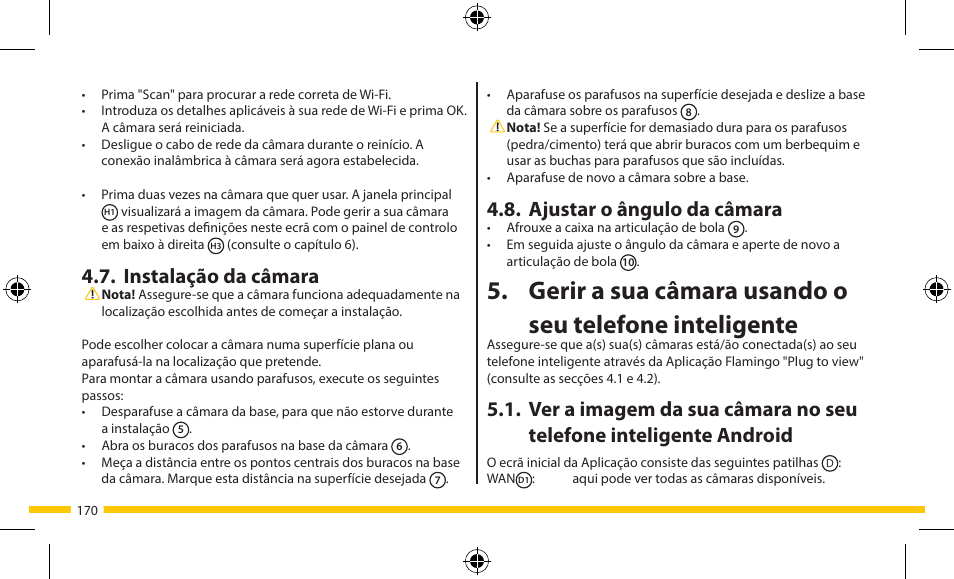 Ajustar o ângulo da câmara, Instalação da câmara | ELRO FA703IP Plug & play wifi network camera User Manual | Page 170 / 176