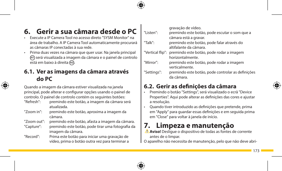 Limpeza e manutenção, Gerir a sua câmara desde o pc, Gerir as definições da câmara | Ver as imagens da câmara através do pc | ELRO FA703IP Plug & play wifi network camera User Manual | Page 173 / 176