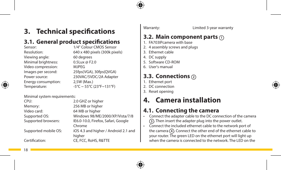 Camera installation, Technical specifications, Main component parts | Connections, Connecting the camera, General product specifications | ELRO FA703IP Plug & play wifi network camera User Manual | Page 18 / 176