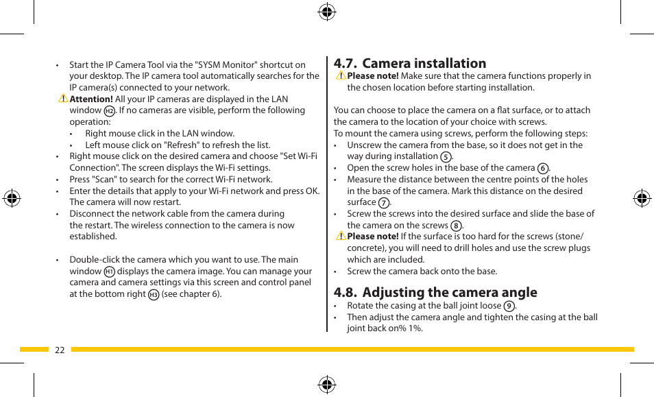 Camera installation, Adjusting the camera angle | ELRO FA703IP Plug & play wifi network camera User Manual | Page 22 / 176