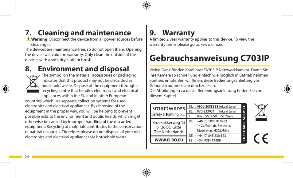 Gebrauchsanweisung c703ip, Warranty, Cleaning and maintenance | Environment and disposal | ELRO FA703IP Plug & play wifi network camera User Manual | Page 26 / 176