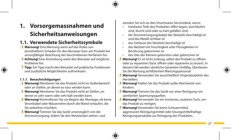 Gebrauchsanweisung c703ip, Warranty, Vorsorgemassnahmen und sicherheitsanweisungen | Verwendete sicherheitssymbole | ELRO FA703IP Plug & play wifi network camera User Manual | Page 27 / 176