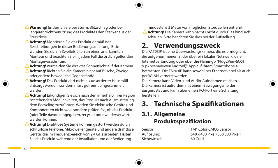 Verwendungszweck, Technische spezifikationen, Allgemeine produktspezifikation | ELRO FA703IP Plug & play wifi network camera User Manual | Page 28 / 176