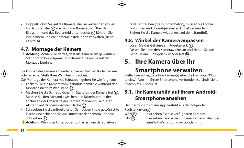 Ihre kamera über ihr smartphone verwalten, Winkel der kamera anpassen, Montage der kamera | ELRO FA703IP Plug & play wifi network camera User Manual | Page 34 / 176