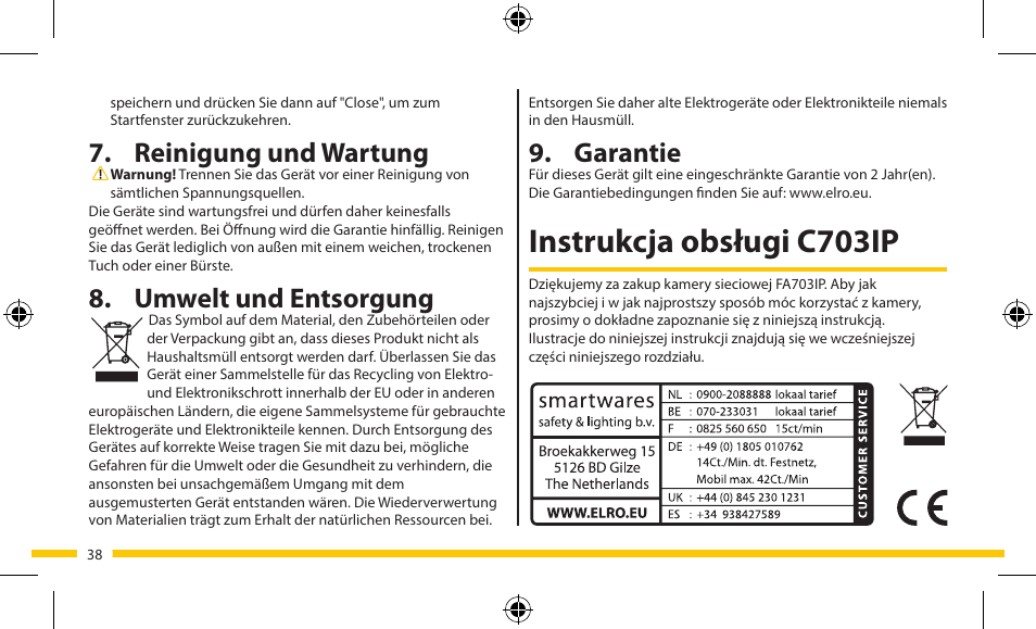 Instrukcja obsługi c703ip, Garantie, Reinigung und wartung | Umwelt und entsorgung | ELRO FA703IP Plug & play wifi network camera User Manual | Page 38 / 176