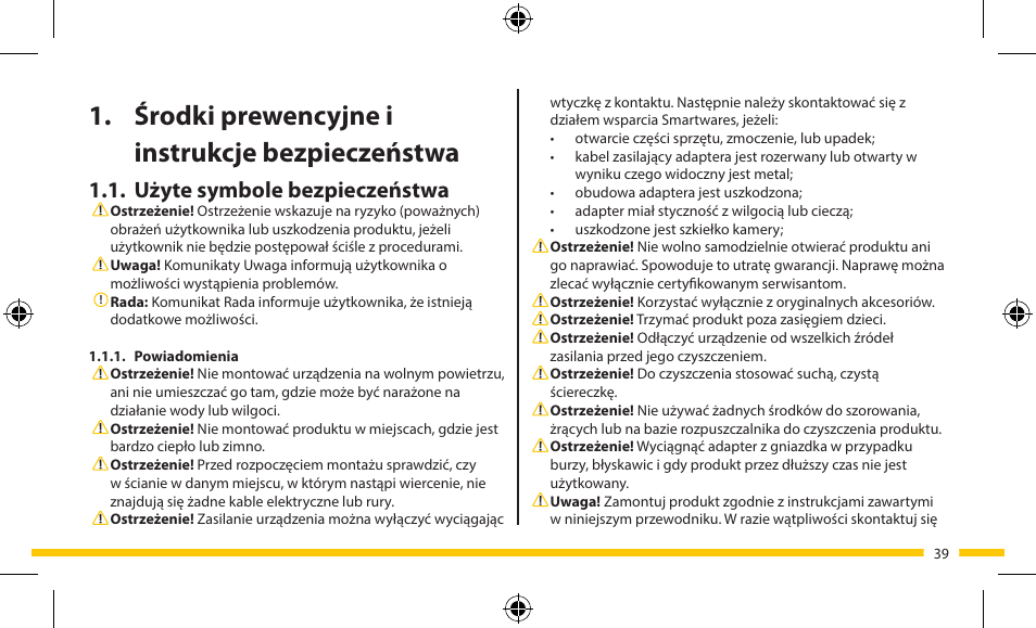 Instrukcja obsługi c703ip, Garantie, Środki prewencyjne i instrukcje bezpieczeństwa | Użyte symbole bezpieczeństwa | ELRO FA703IP Plug & play wifi network camera User Manual | Page 39 / 176