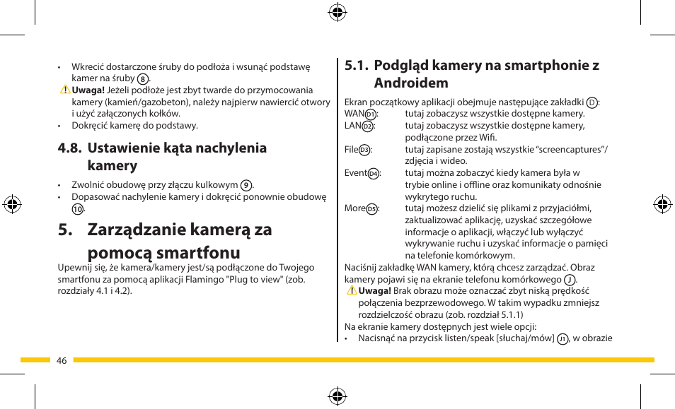 Zarządzanie kamerą za pomocą smartfonu, Podgląd kamery na smartphonie z androidem, Ustawienie kąta nachylenia kamery | ELRO FA703IP Plug & play wifi network camera User Manual | Page 46 / 176