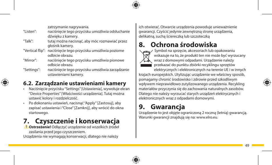 Ochrona środowiska, Gwarancja, Czyszczenie i konserwacja | Zarządzanie ustawieniami kamery | ELRO FA703IP Plug & play wifi network camera User Manual | Page 49 / 176