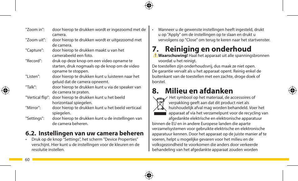 Reiniging en onderhoud, Milieu en afdanken, Instellingen van uw camera beheren | ELRO FA703IP Plug & play wifi network camera User Manual | Page 60 / 176