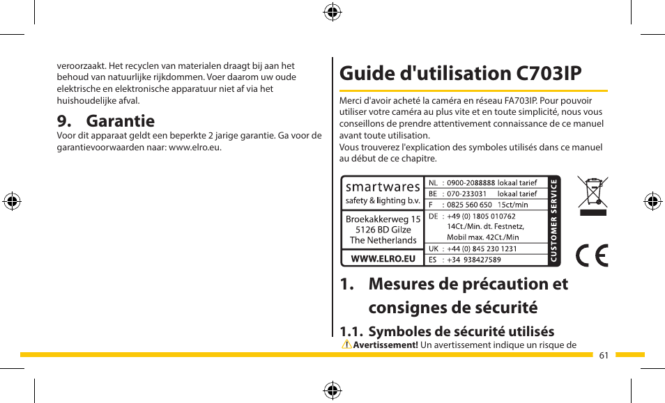 Guide d'utilisation c703ip, Mesures de précaution et consignes de sécurité, Garantie | ELRO FA703IP Plug & play wifi network camera User Manual | Page 61 / 176