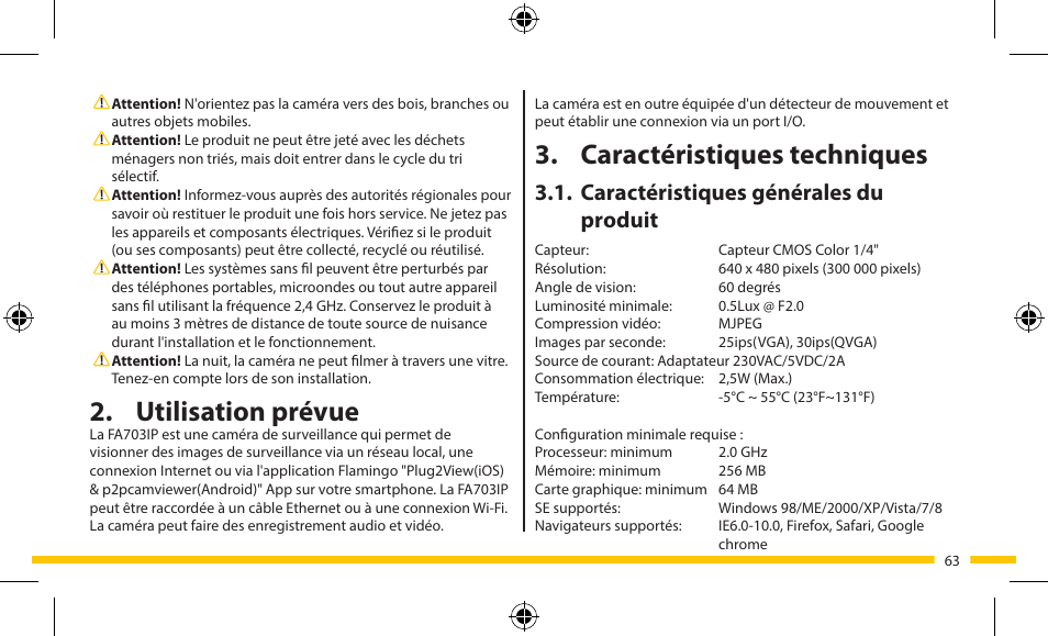 Caractéristiques techniques, Utilisation prévue, Caractéristiques générales du produit | ELRO FA703IP Plug & play wifi network camera User Manual | Page 63 / 176
