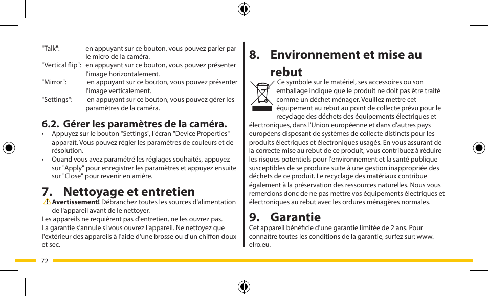 Environnement et mise au rebut, Garantie, Nettoyage et entretien | Gérer les paramètres de la caméra | ELRO FA703IP Plug & play wifi network camera User Manual | Page 72 / 176