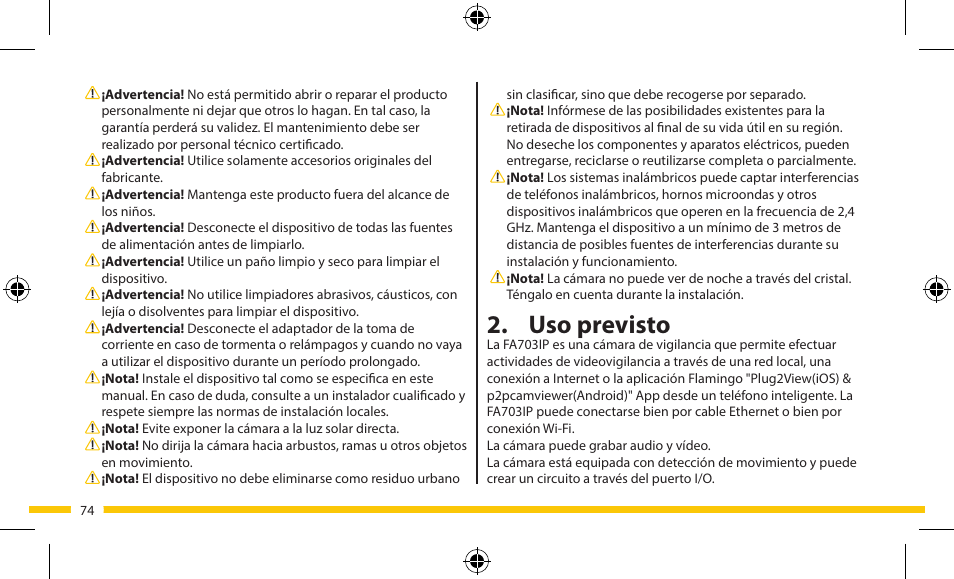 Uso previsto | ELRO FA703IP Plug & play wifi network camera User Manual | Page 74 / 176