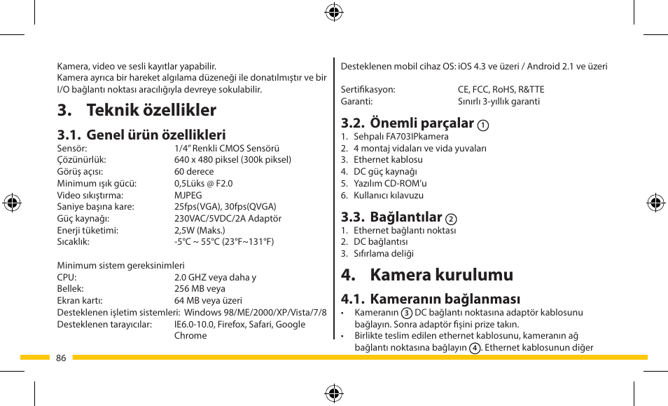 Kamera kurulumu, Teknik özellikler, Önemli parçalar | Bağlantılar, Kameranın bağlanması, Genel ürün özellikleri | ELRO FA703IP Plug & play wifi network camera User Manual | Page 86 / 176