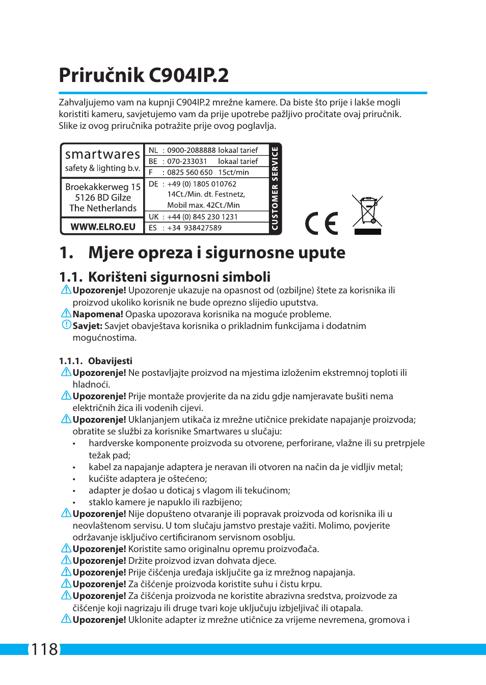 Priručnik c904ip.2, Mjere opreza i sigurnosne upute, Korišteni sigurnosni simboli | ELRO C904IP.2 Plug & play network camera User Manual | Page 118 / 140