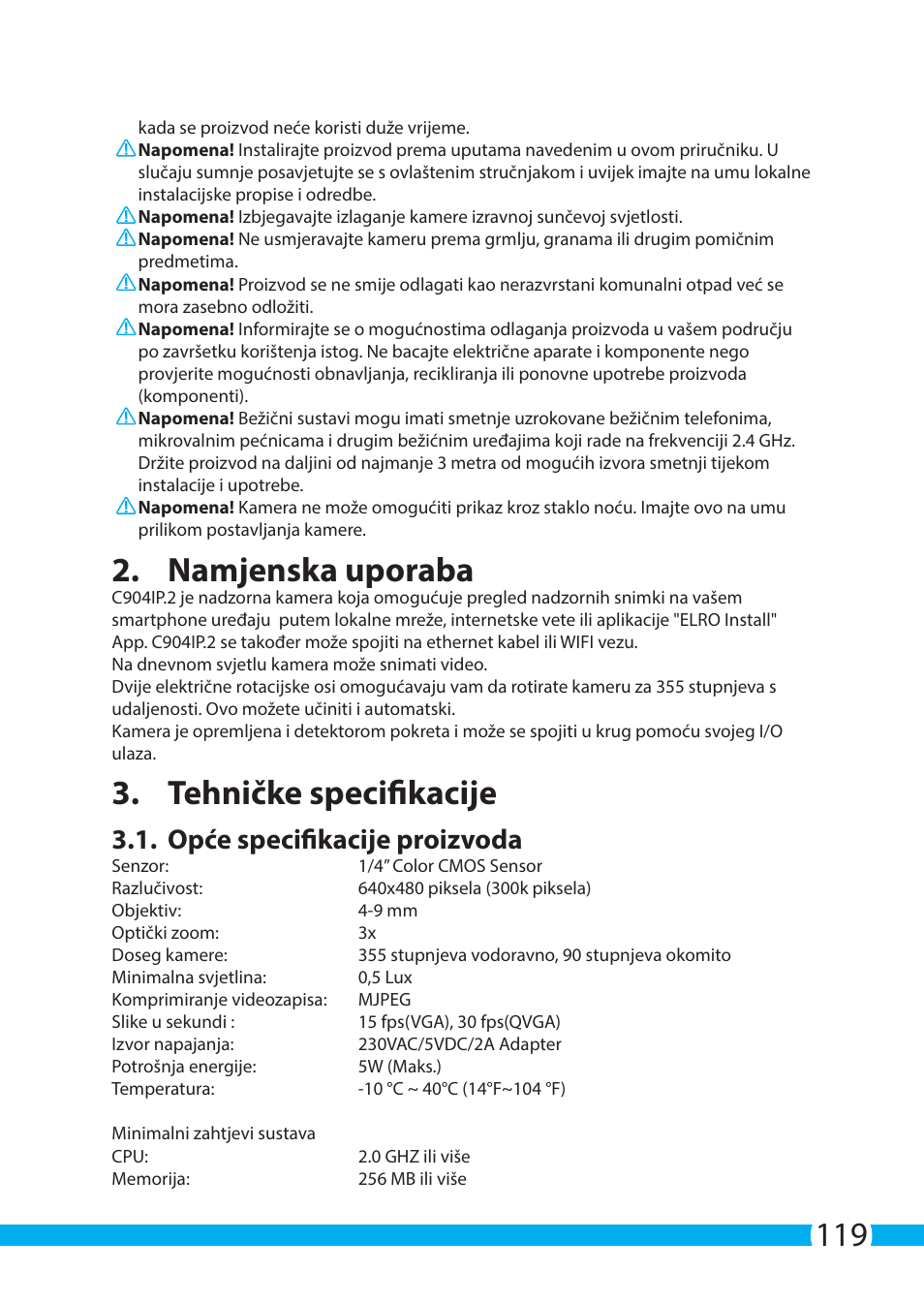 Namjenska uporaba, Tehničke specifikacije, Opće specifikacije proizvoda | ELRO C904IP.2 Plug & play network camera User Manual | Page 119 / 140